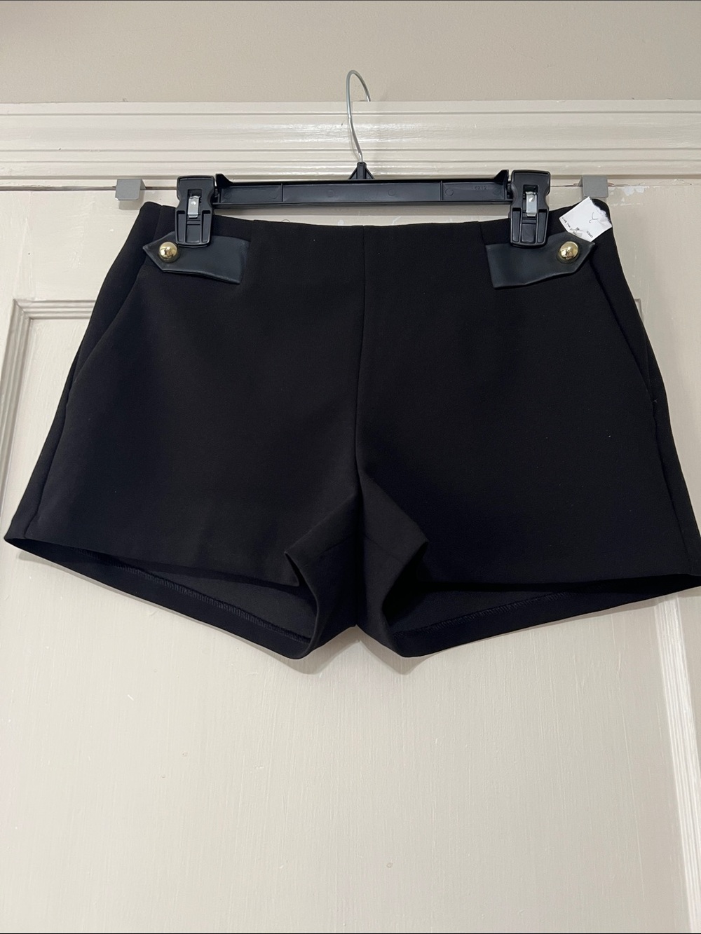 Express Black High-Waist Dress Shorts with Gold Button faux leather Trim